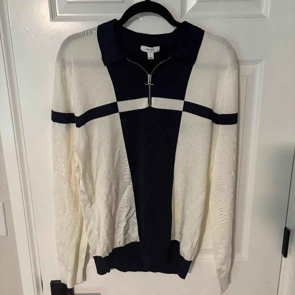 Reiss Colorblock Quarter Zip Sweater Navy Cream Retro Pullover Men’s Large